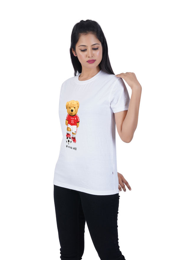 Kick Off Bear Printed White Tshirt