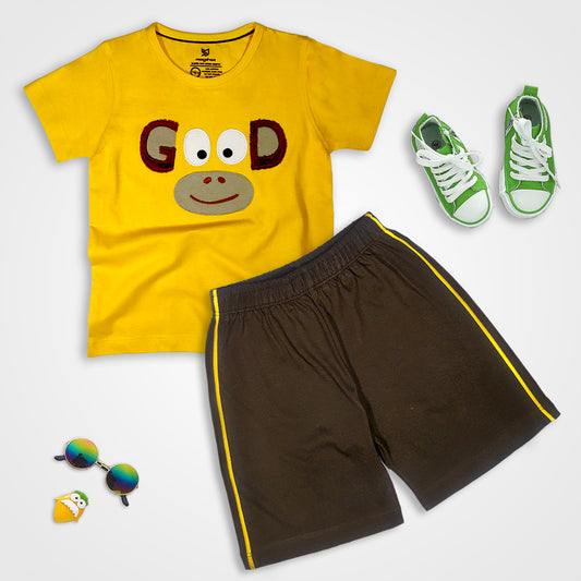 MagPhos  T-Shirt And Shorts With Monkey Emb - Yellow & Brown