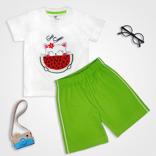 MagPhos  T-Shirt And Shorts With Watermelon Pocket - White & Lime Green